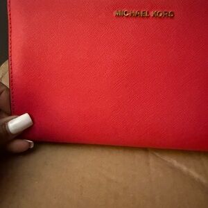 Michael Kors Red Saffiano Leather Clutch Wristlet with Gold Logo